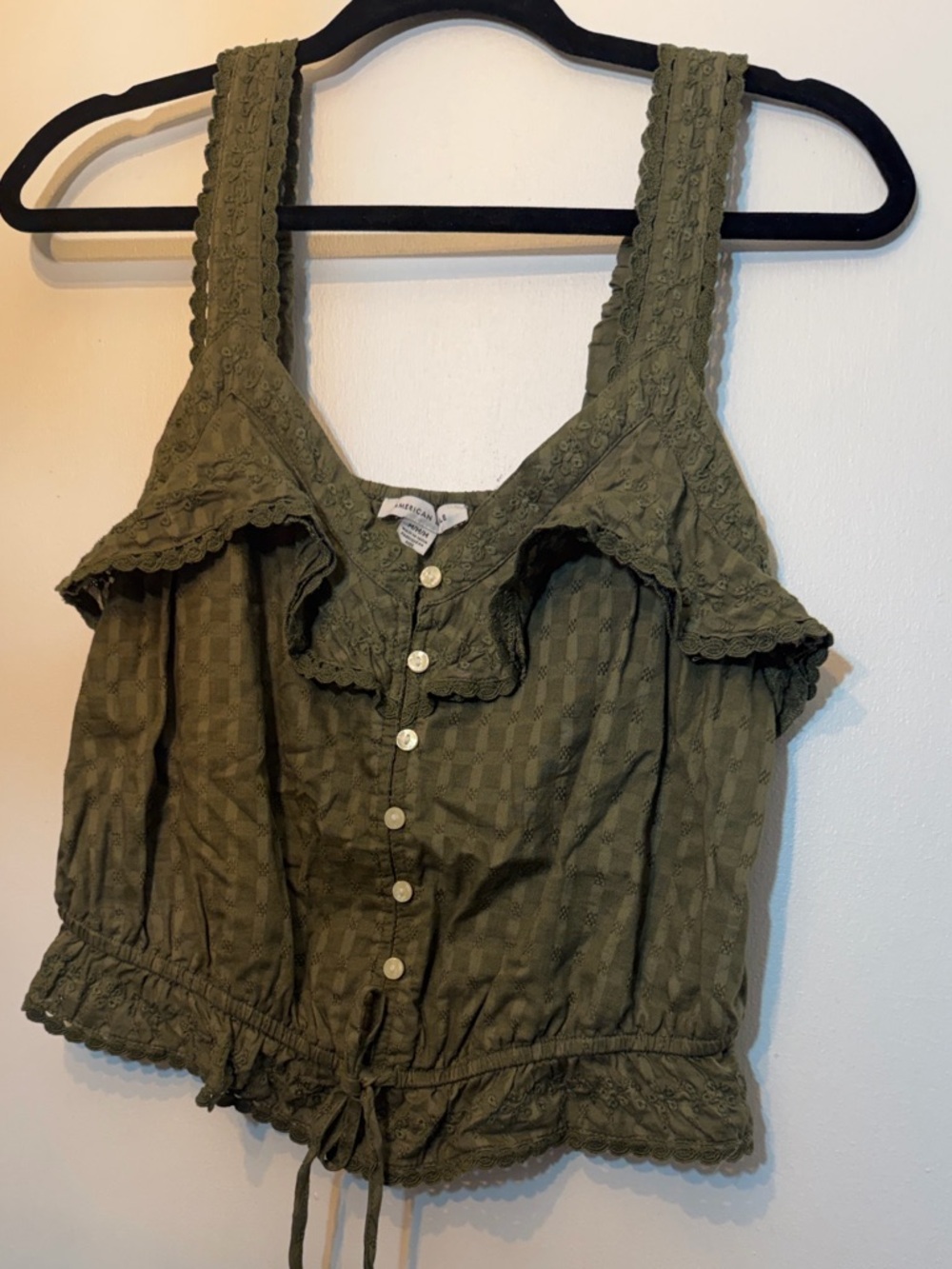 American Eagle Outfitters Olive Green Ruffle-Trim Button Front Tank